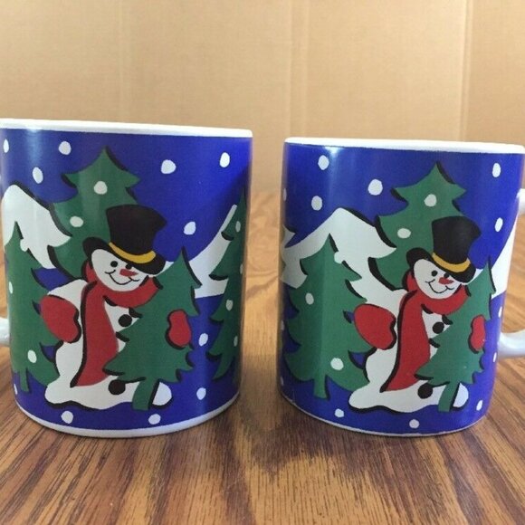 Christmas Mugs Snowman Tree Ceramic Everyday Gibson Set Of 2 Blue Green 8 oz Cup - Picture 1 of 12